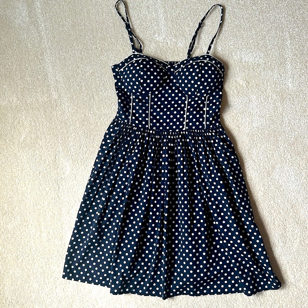 Navy Blue and White Polka Dot Fit and Flare Dress with Pockets - Picture 4 of 5